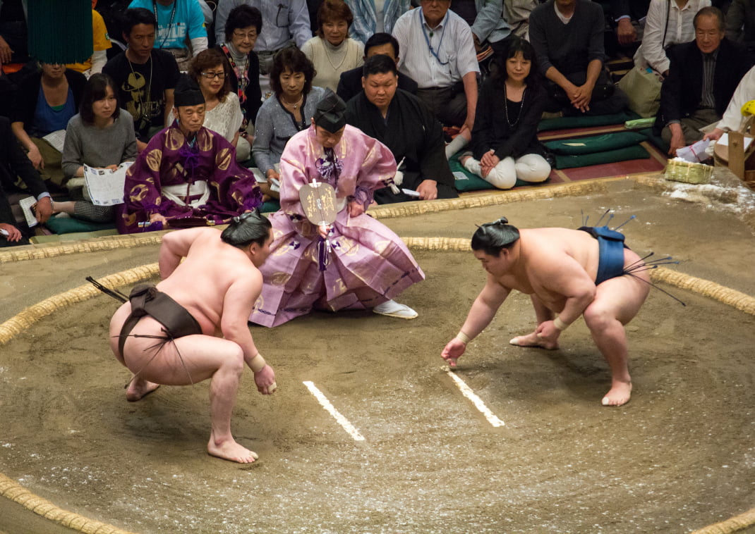 Sumo wrestlers about to fight in Japan