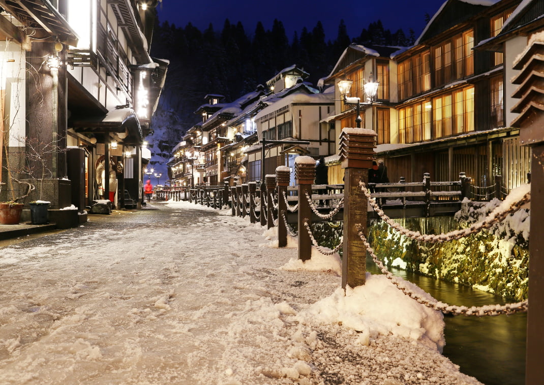 Ginzan Onsen.Japanese old hotel at night in the snow