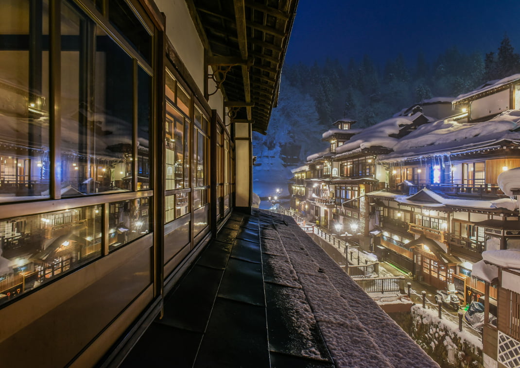 Ginzan Onsen, Night View of Famous Hot Springs Old Town in The Snow, Obanazawa, Yamagata , Japan