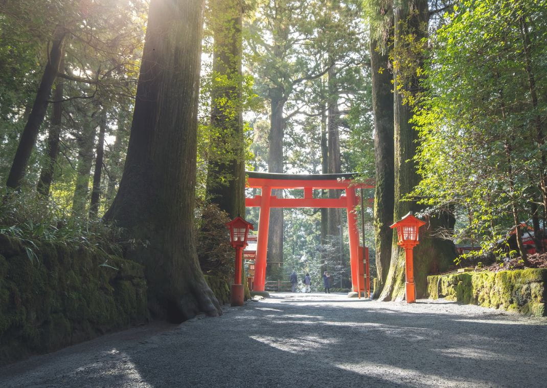 Torii or red Japanese temple gate in Hakone Shrine at Lake Ashi at Hakone city, Japan