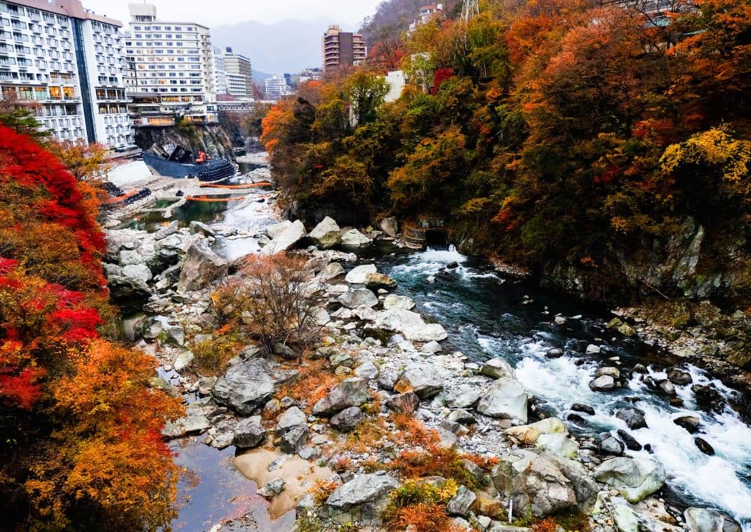 The changing color of the trees alongside a river in Japan in Autumn season