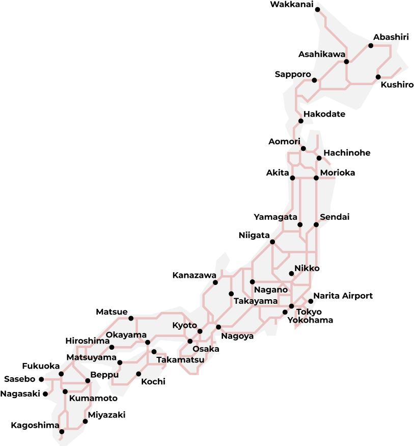 Simplified map of Japan showing where the Japan Rail Pass can be used