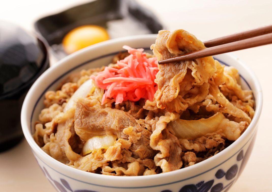 Japanese beef and rice bowl known as gyudon with shredded ginger on top