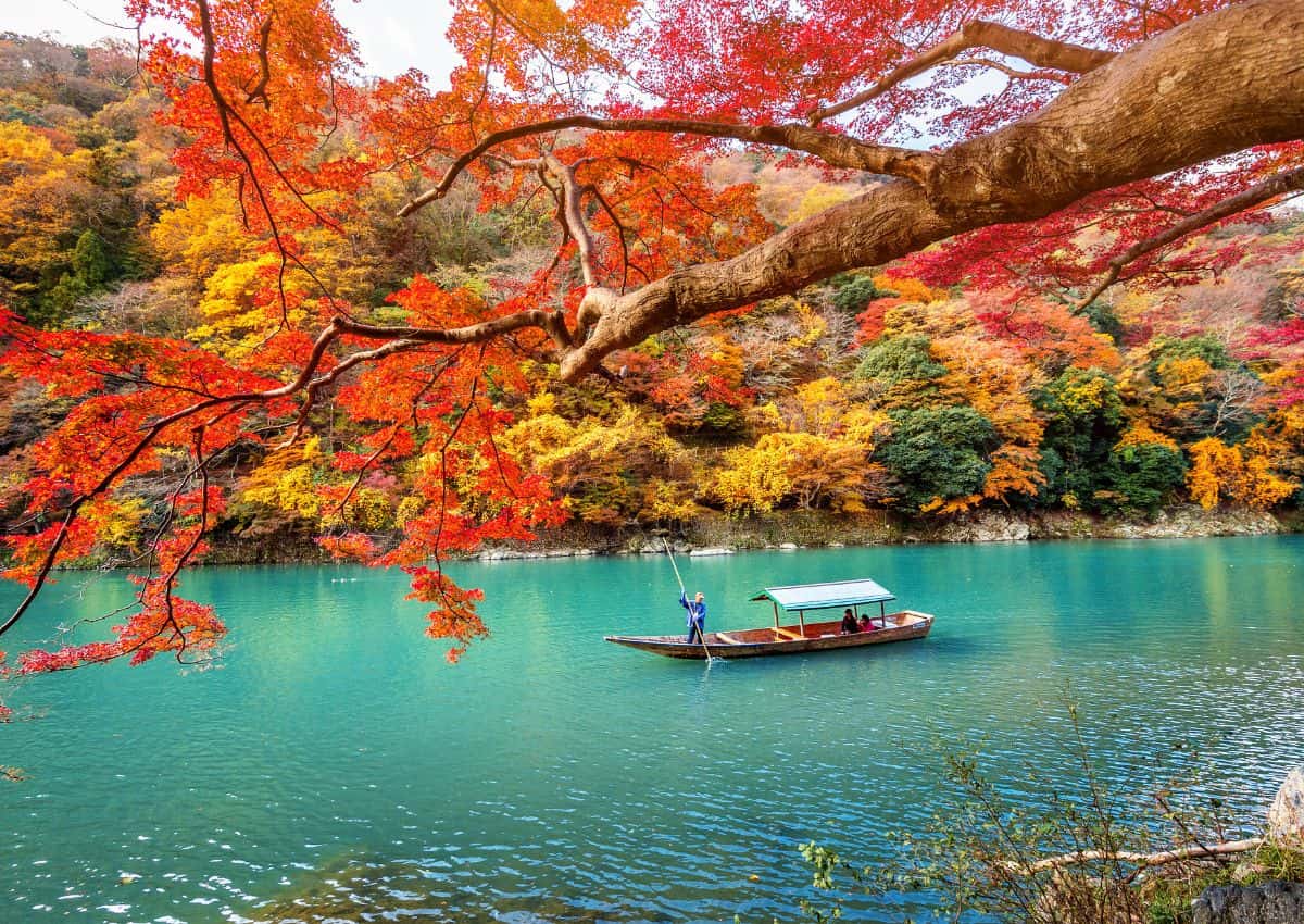 Boat ride on Hozu River in autumn, Arashiyama, Kyoto