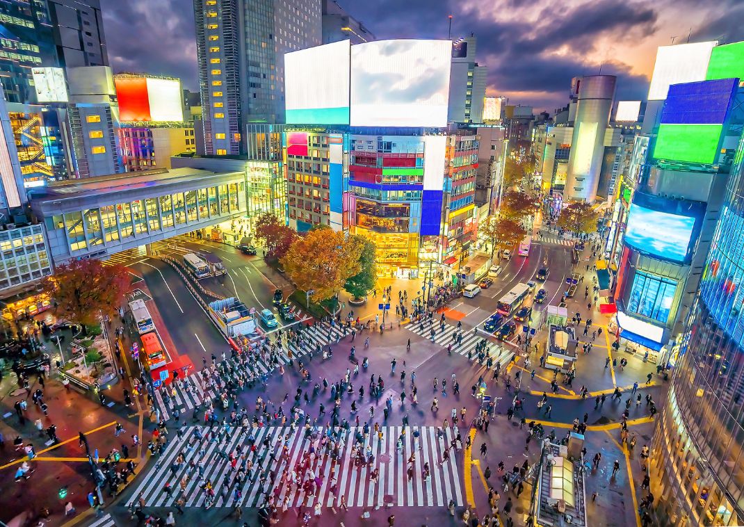 Shibuya Crossing at twilight in Tokyo, Japan