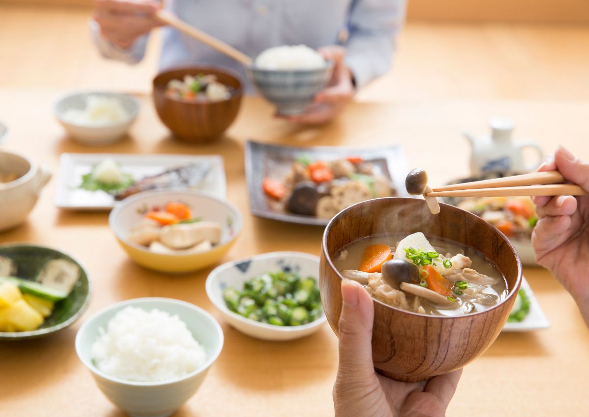Japanese miso soup with pork and mushrooms