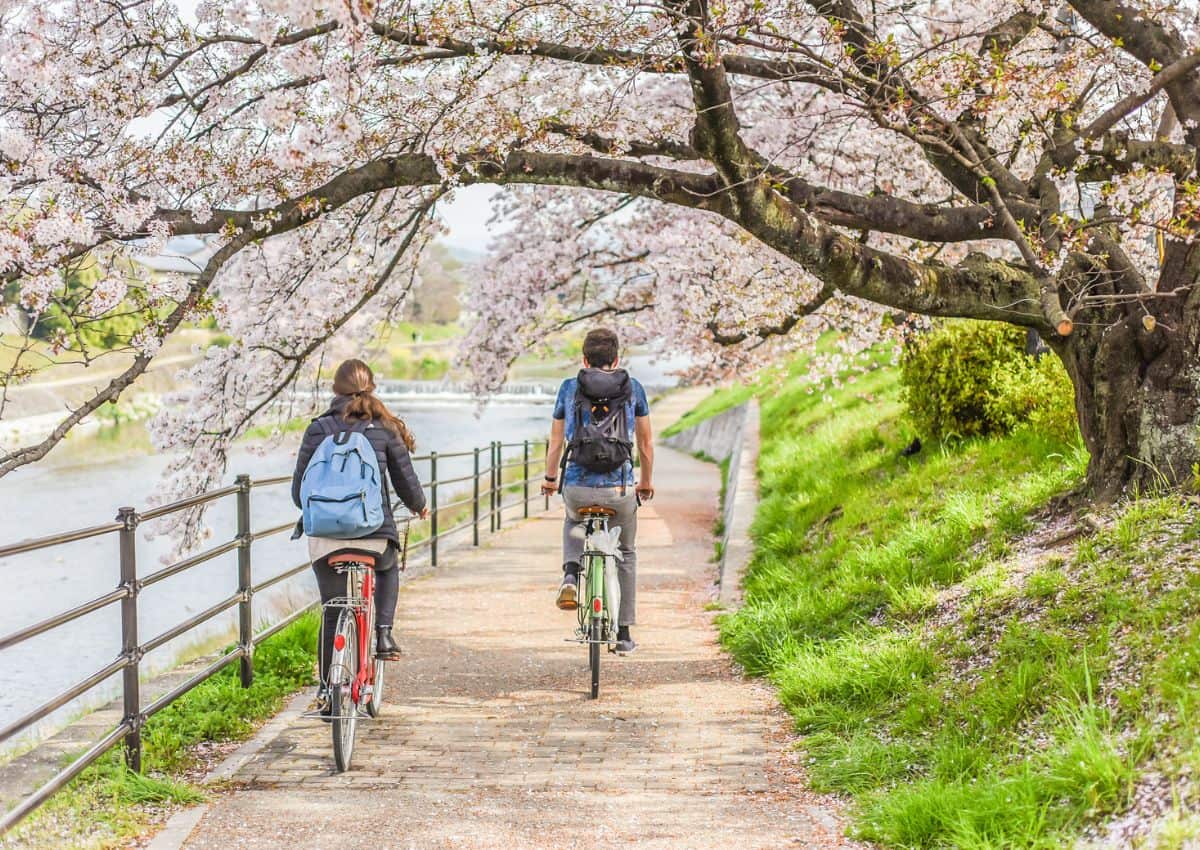 Couple cycling by riverside in Kyoto