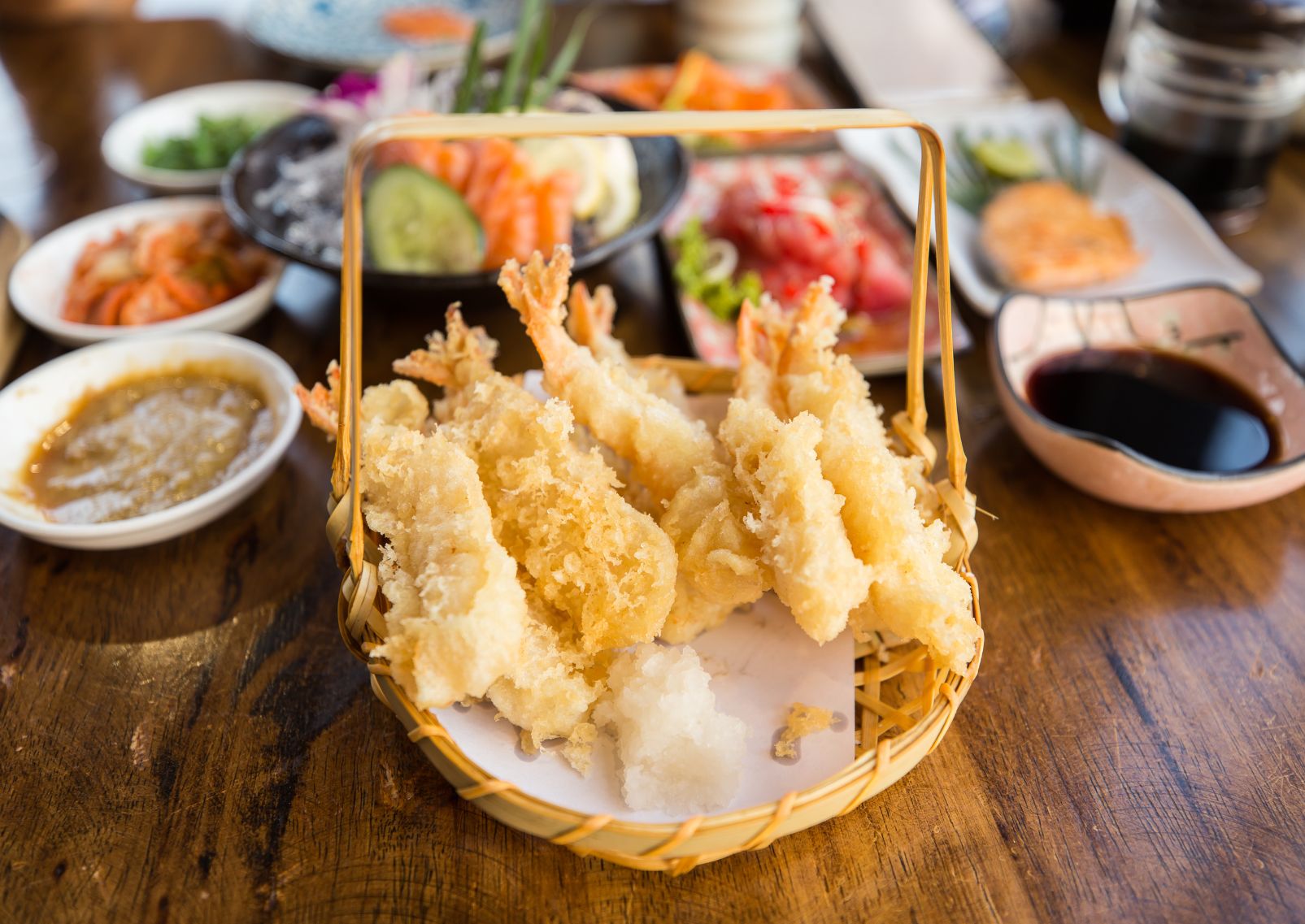 Bowl of Japanese tempura prawns