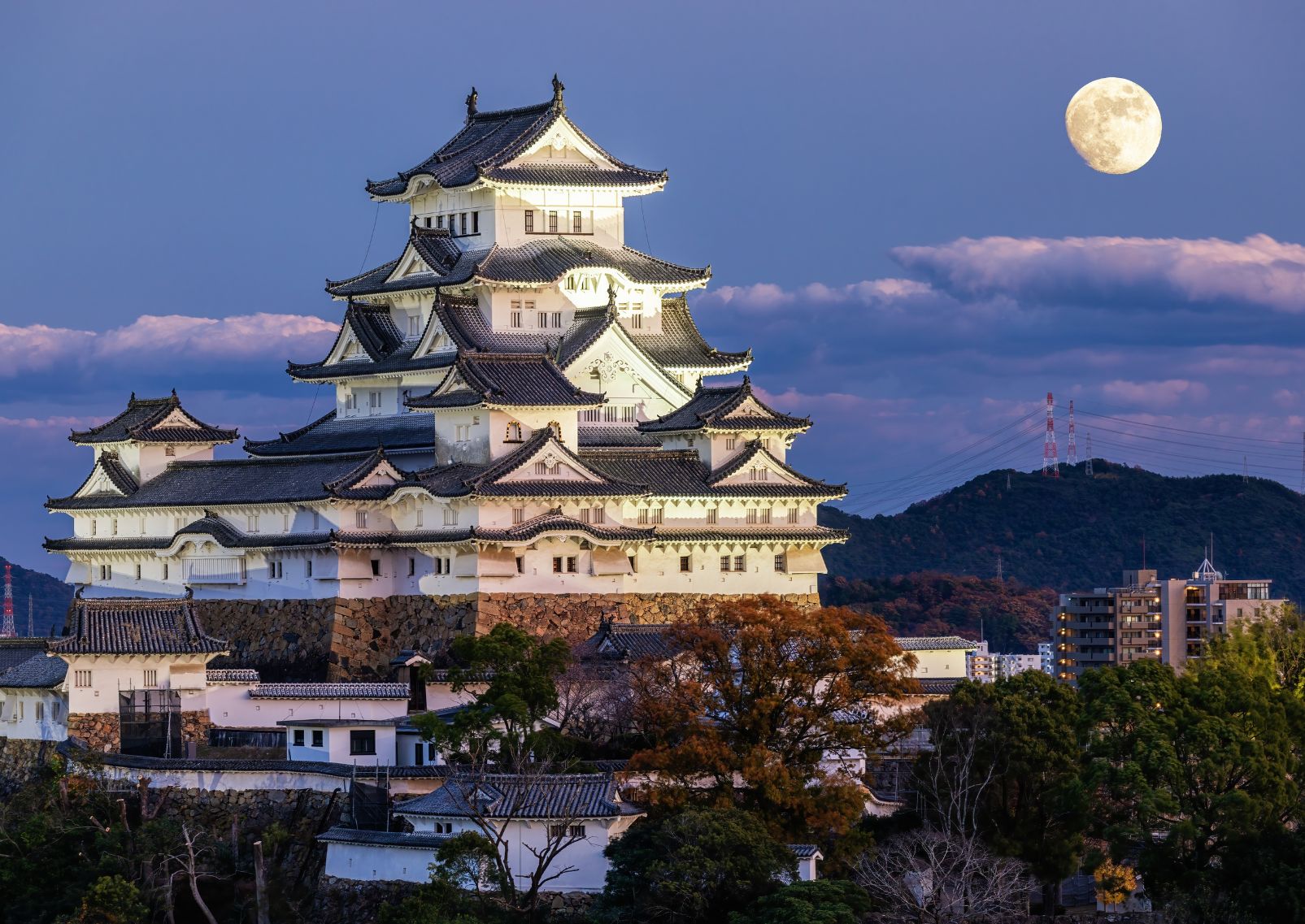 Full moon with Himeji Castle, Japan