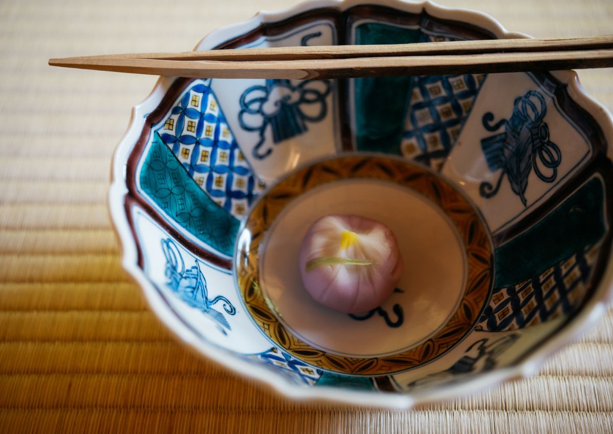 Japanese wagashi sweet served on a Japanese plate