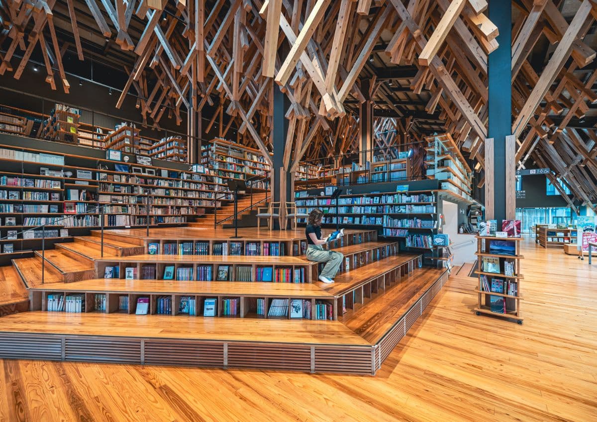Interior of Kumo no Ue Library in Yusuhara, Kochi, Japan designed by Kengo Kuma