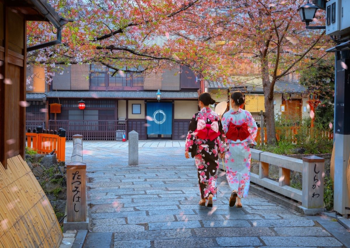 Girls in traditional kimono in Kyoto, Japan