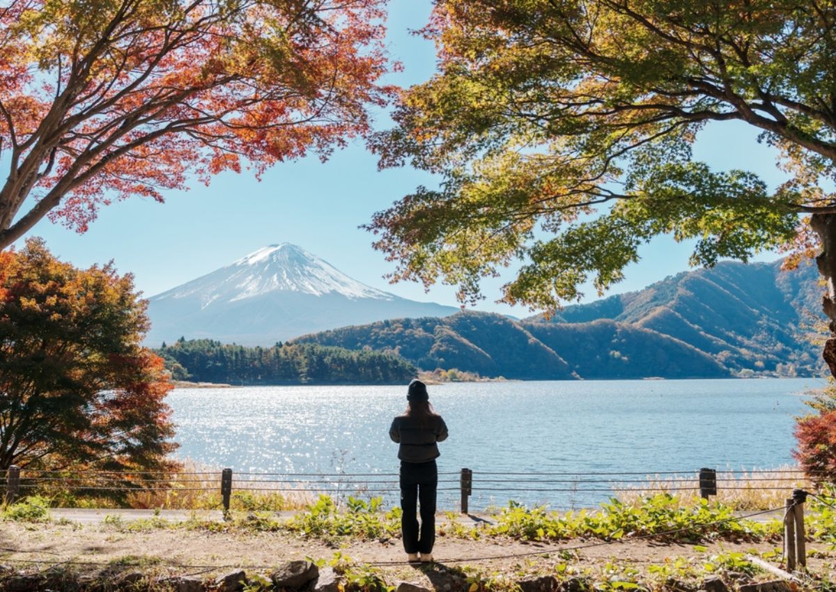 Tourist girl at Mt Fuji, Japan