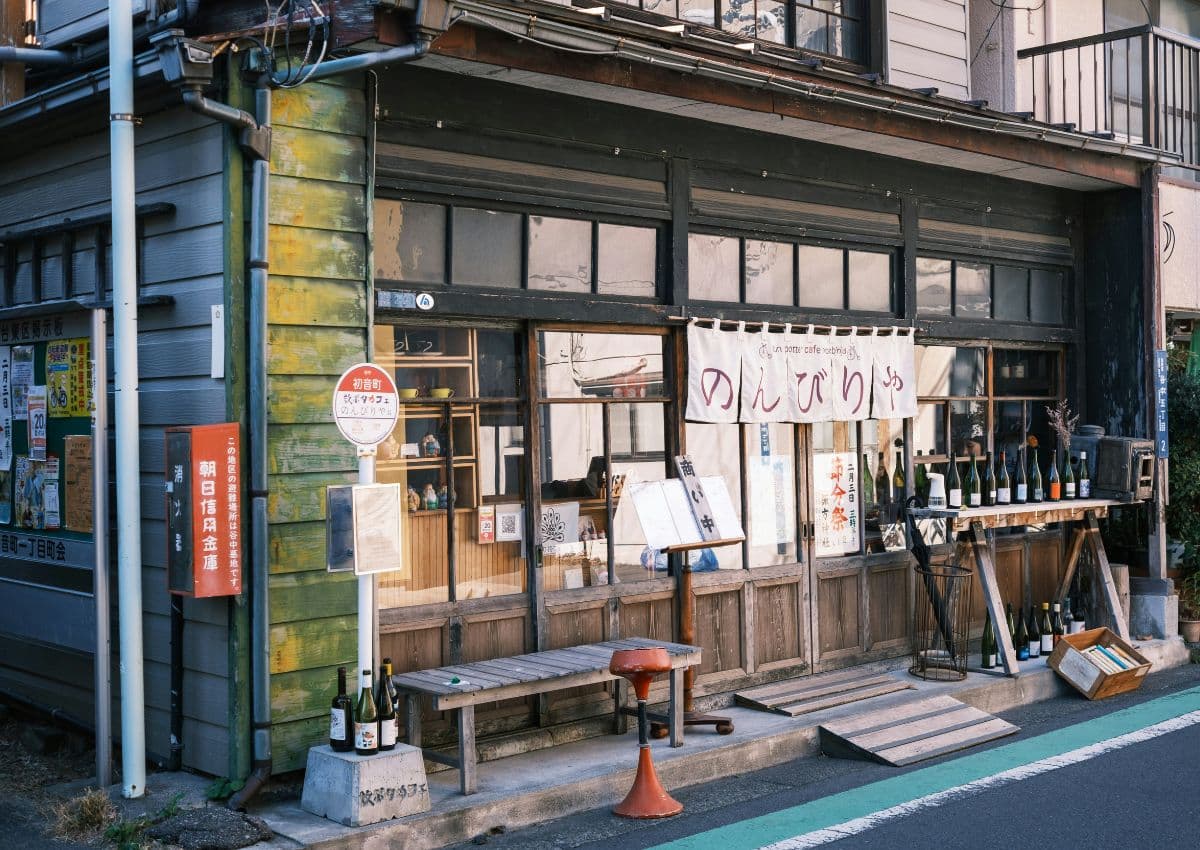 Street view of wooden facade of a kissaten, Japan