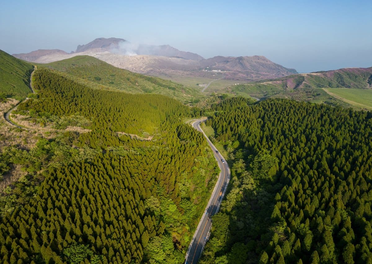 The road to Mt Aso, Japan’s largest active volcano, Kumamoto, Japan