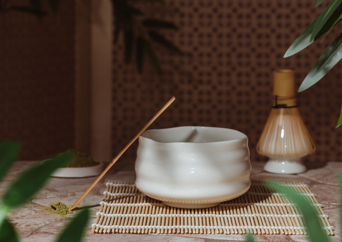 Japanese tea ceremony set with bamboo whisk