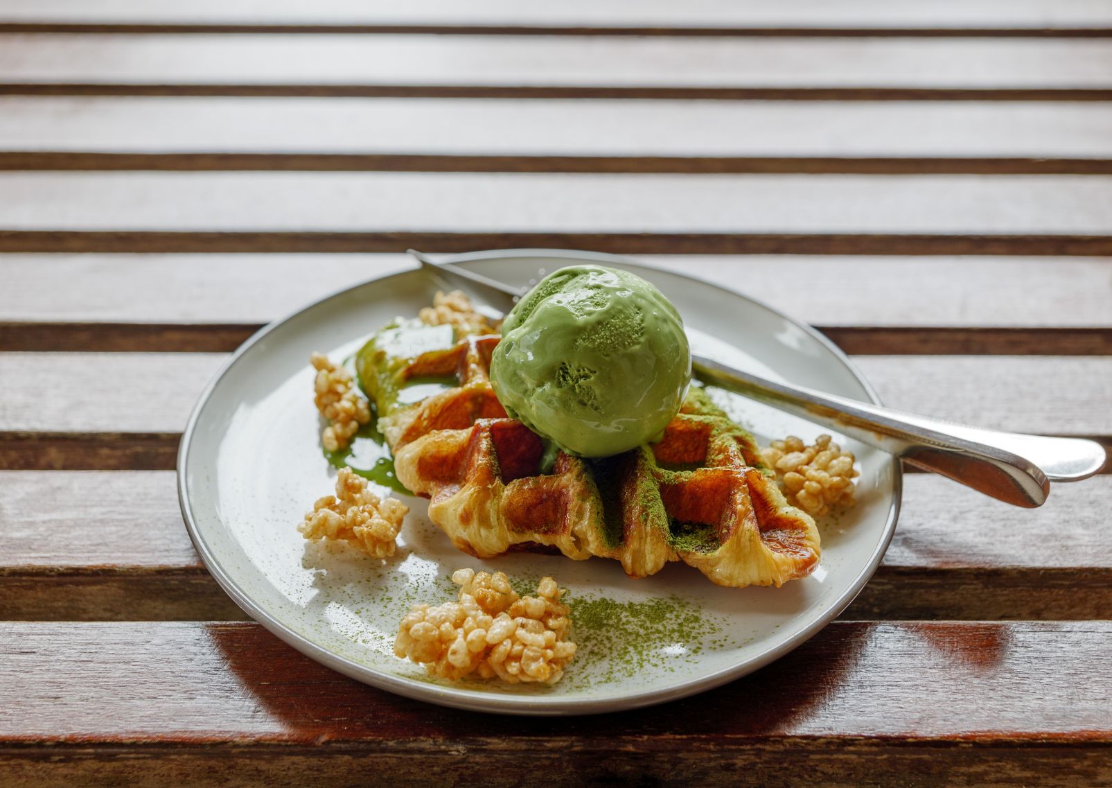 Matcha ice cream on croissant waffles, Japan