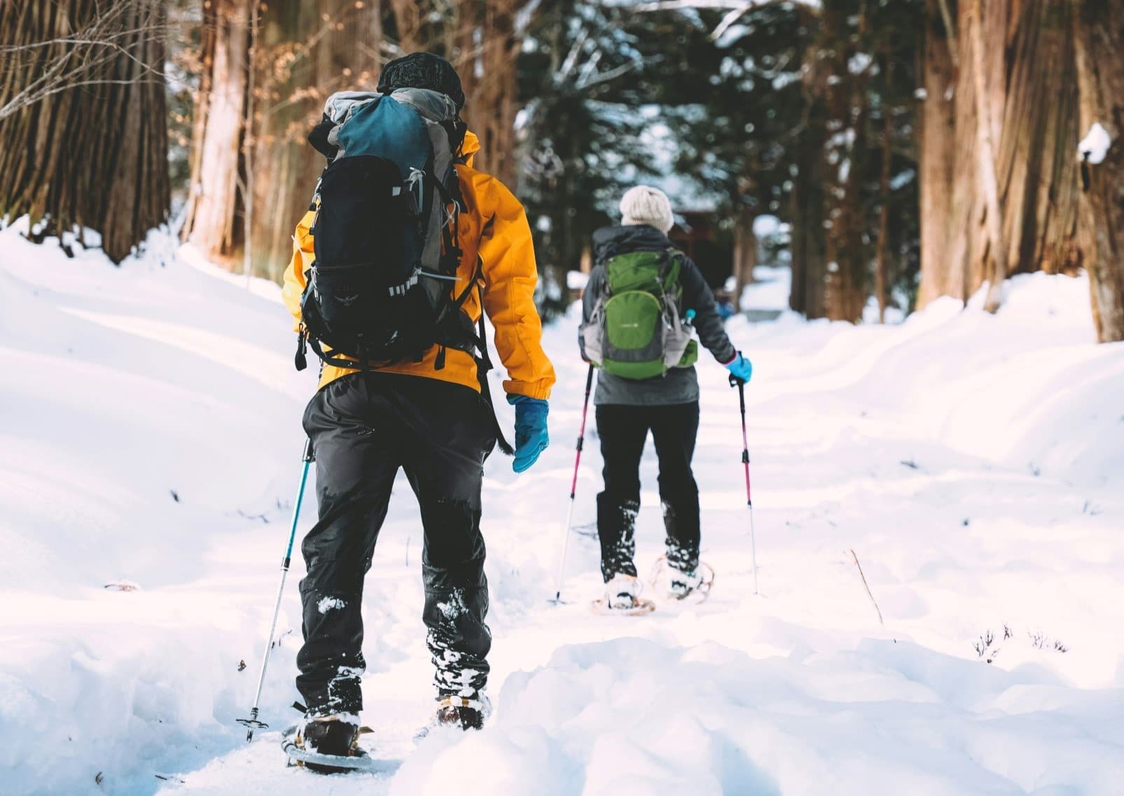 Couple snowshoeing in Nagano, Japan