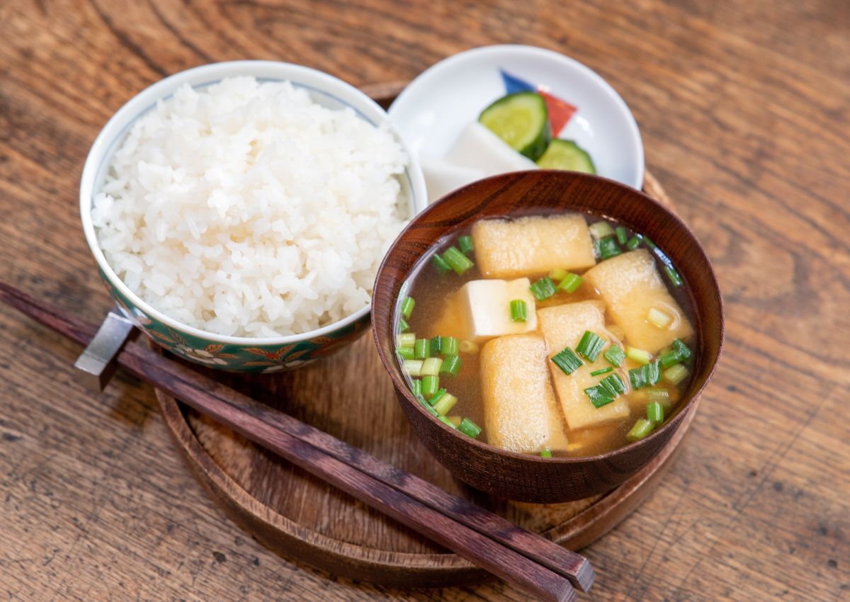 Simple Japanese breakfast with rice and miso soup