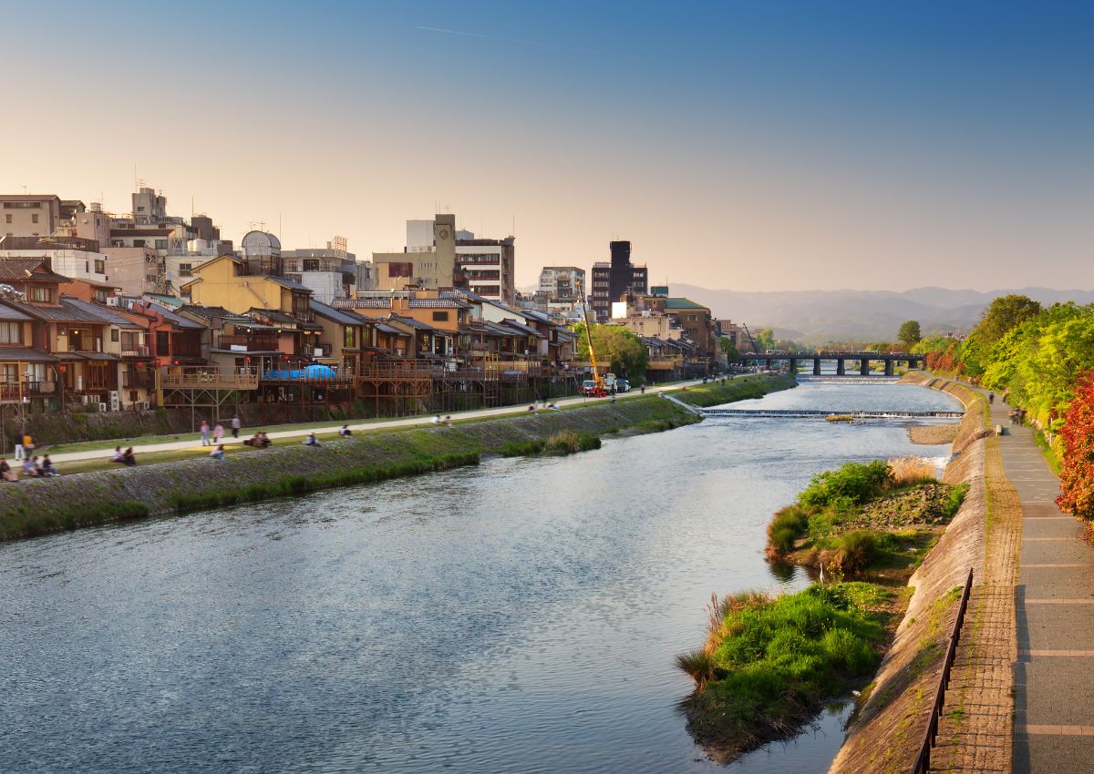 View of Kamo River with restaurants of Pontocho, Kyoto, Japan