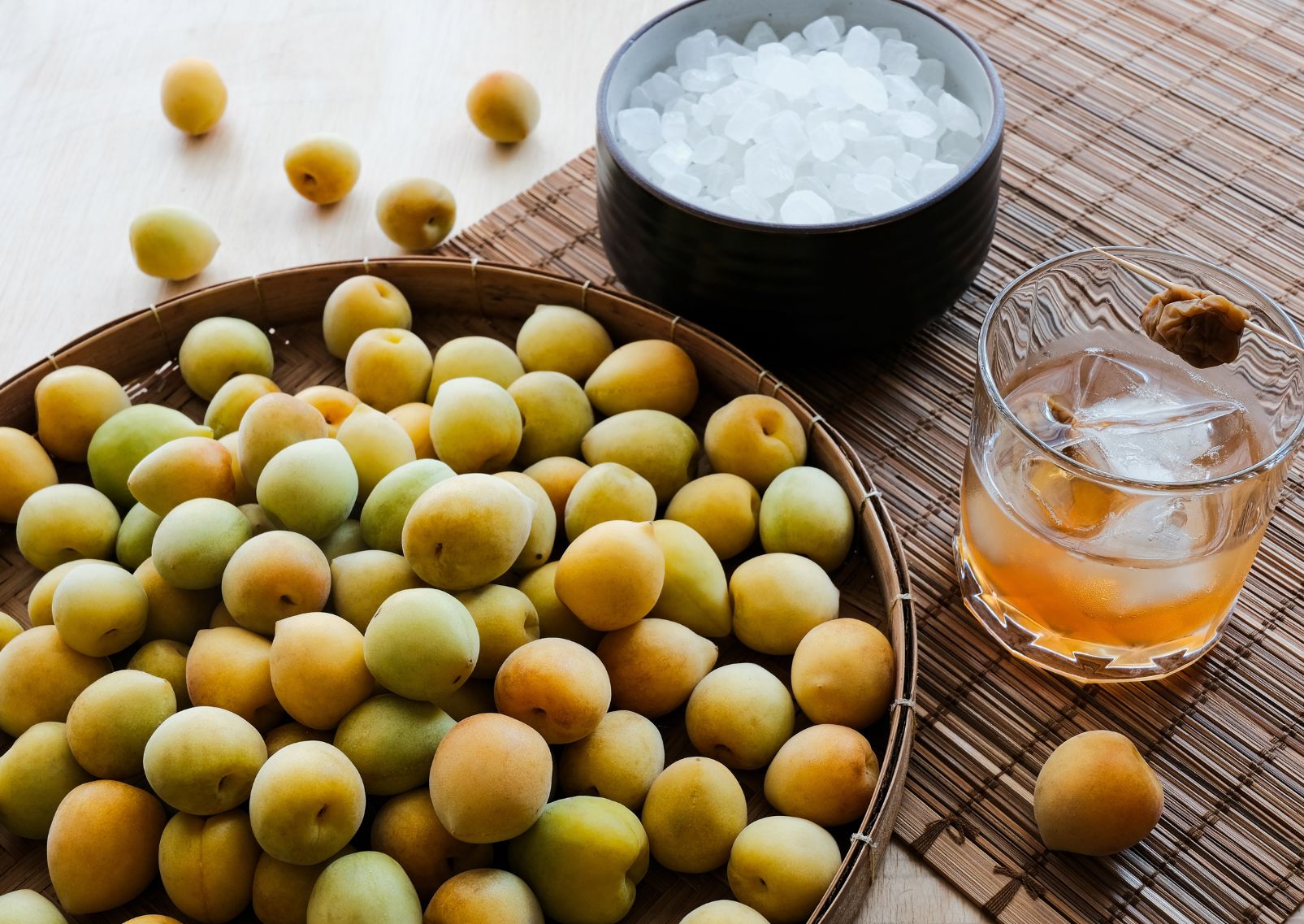 Fresh plums and rock sugar for making plum wine, Japan