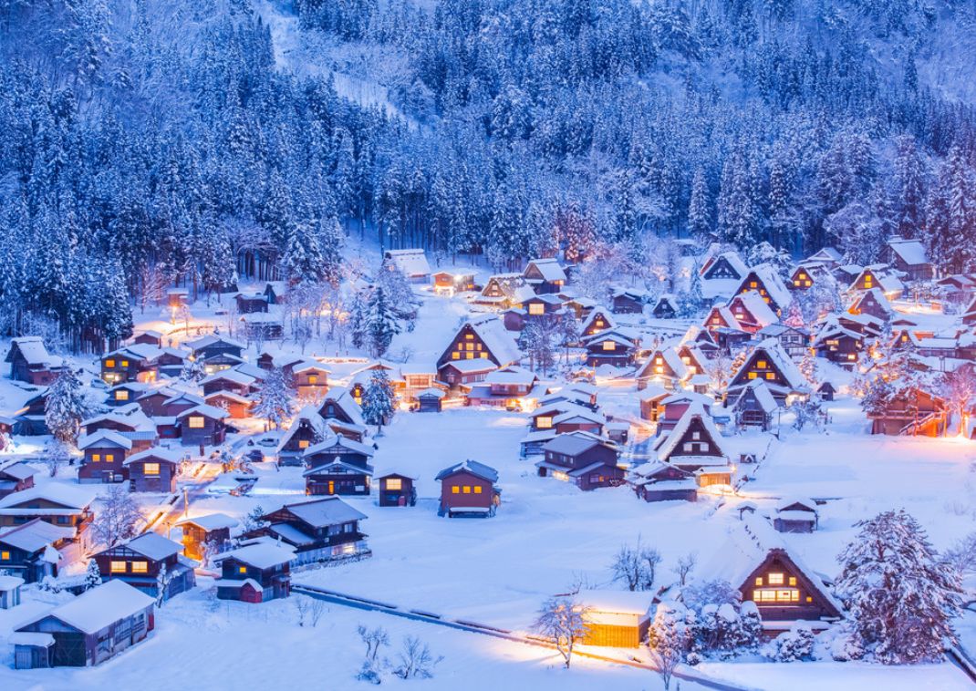  Snow scene in Japan of Shirakawago village and Winter Illumination