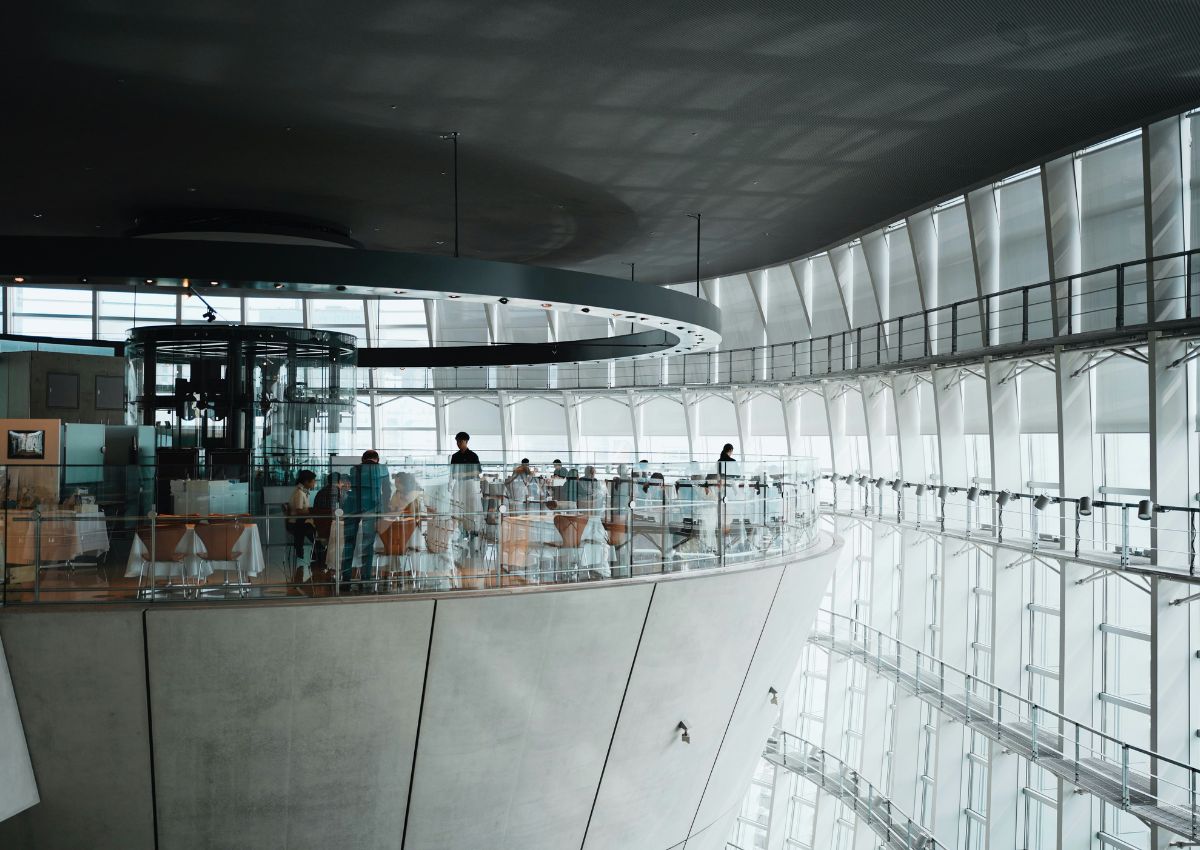 A birds-eye-view of National Art Centre Tokyo's cafe, Tokyo, Japan
