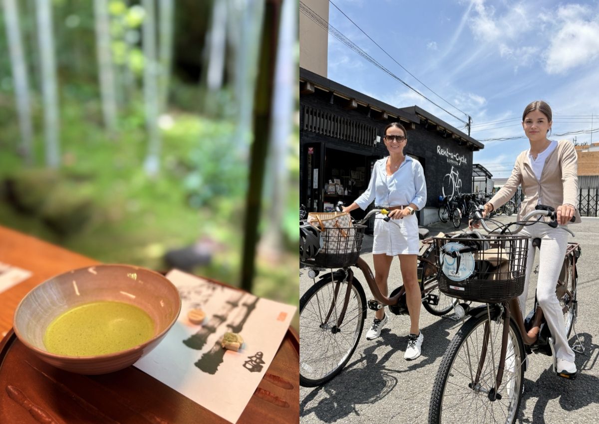 Mother and daughter in Kamakura, with green tea and bikes