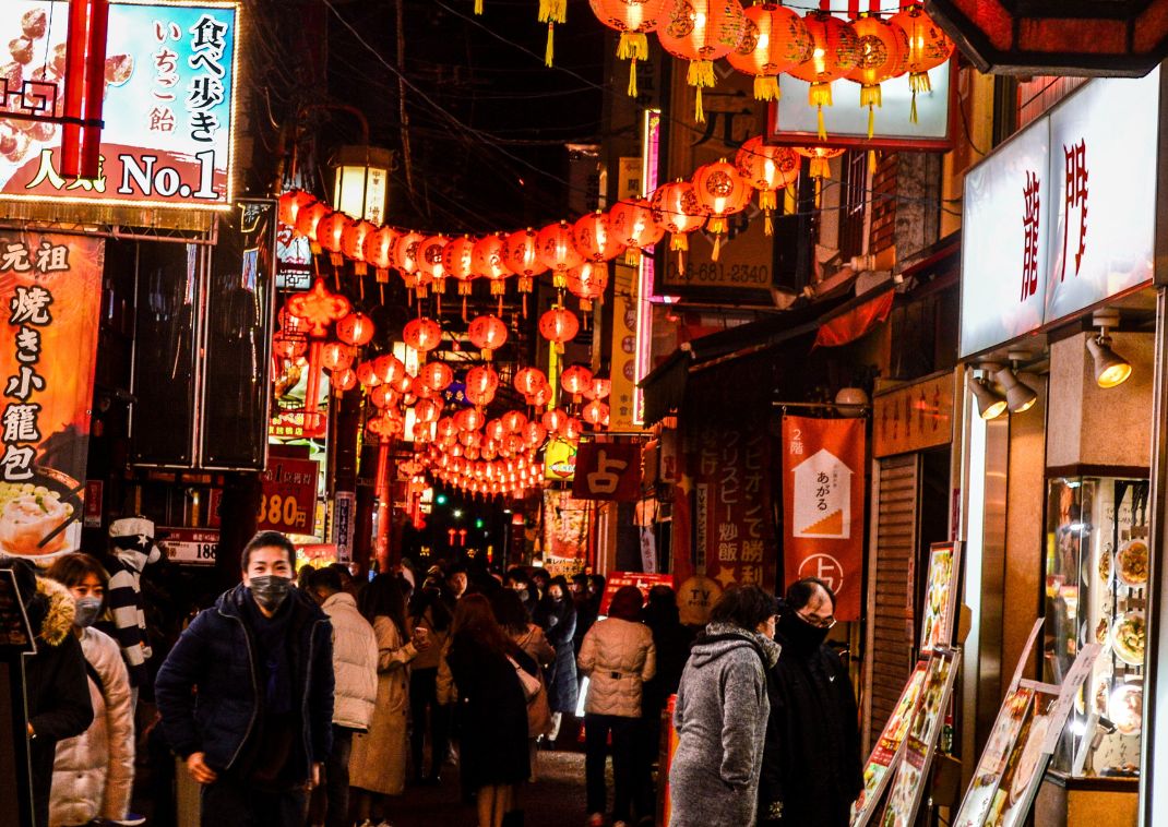 Lanterns hanging above an alley in Chinatown