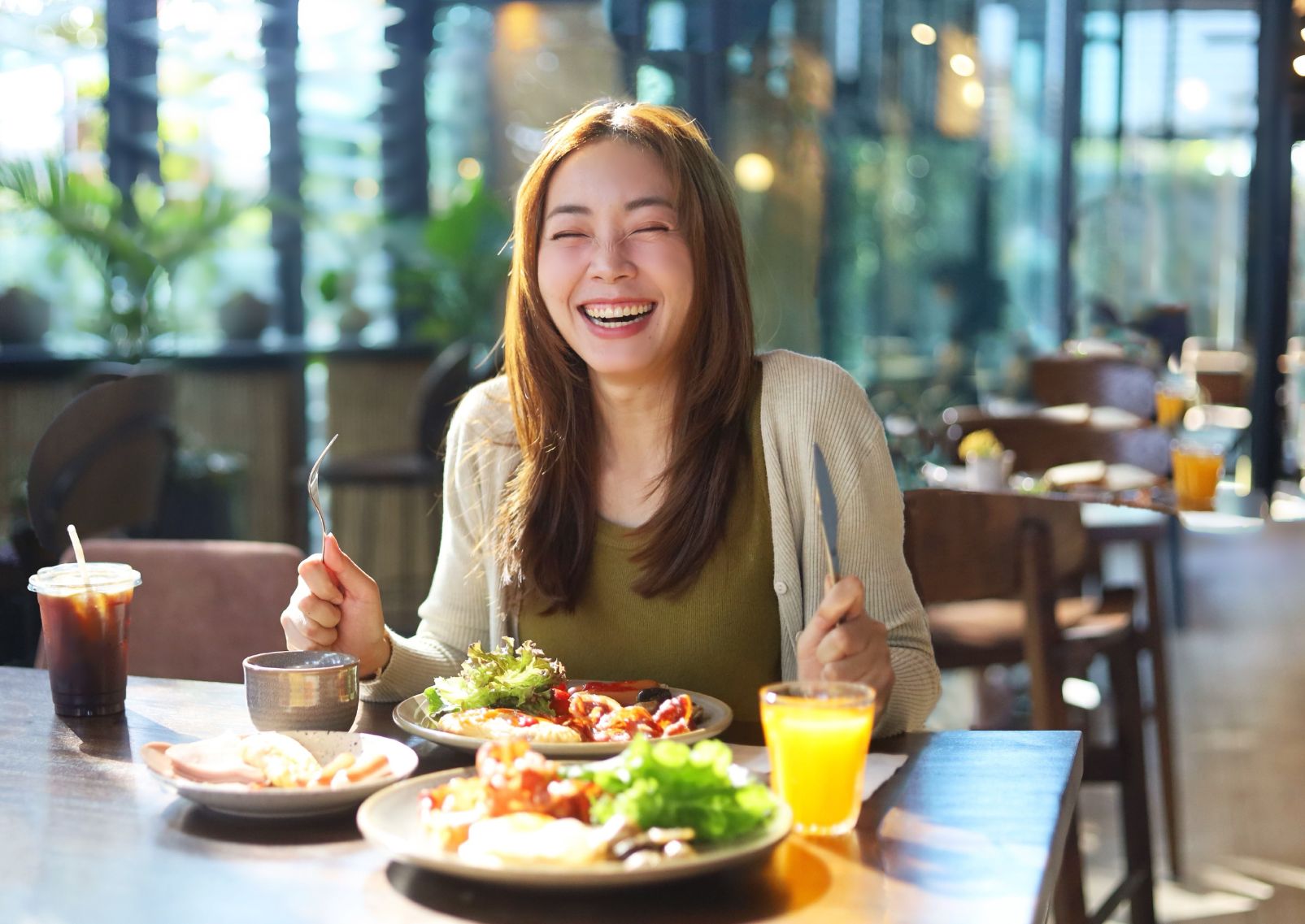 Woman enjoying gluten-free meal, Japan