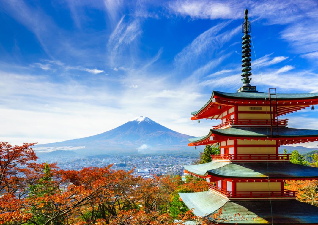 Mt. Fuji with red pagoda in autumn, Fujiyoshida, Japan