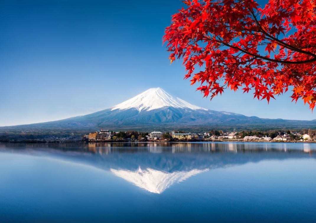 Mt. Fuji with red maple tree, autumn, Japan