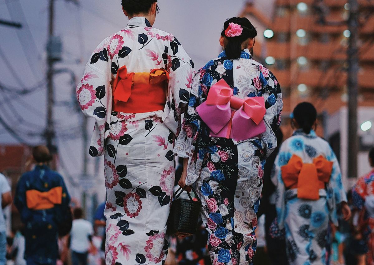 Girls dressed in yukata at a Japanese summer festival