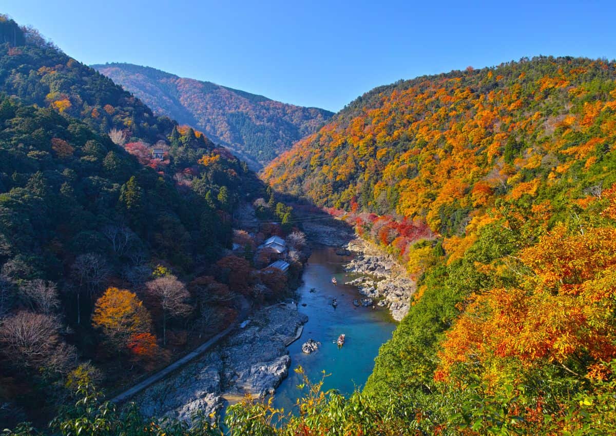 Hozu River Gorge in autumn, Arashiyama, Kyoto