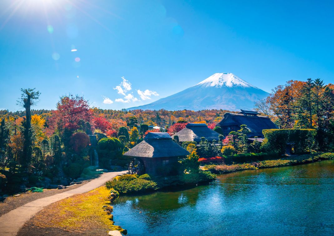 The ancient Oshino Hakkai village with Mt. Fuji in Autumn Season, Japan