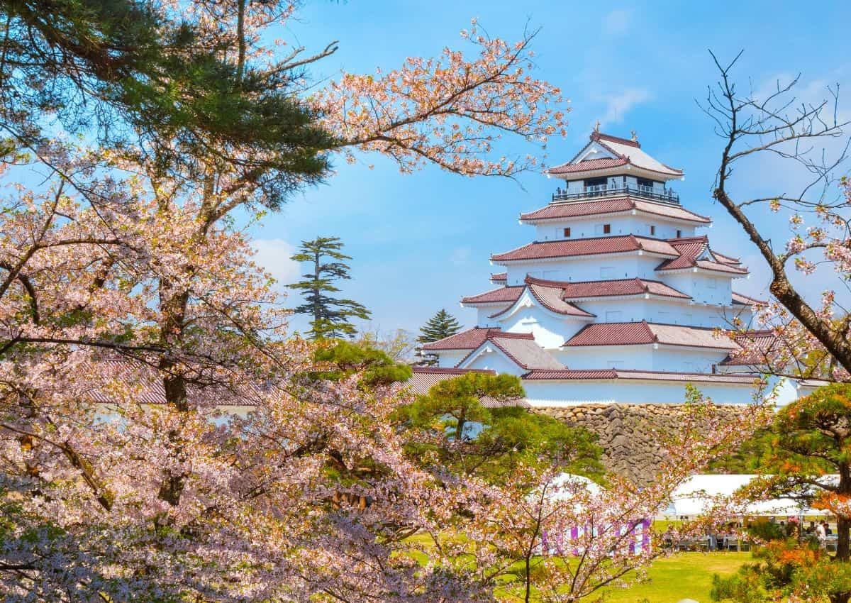 Aizu-Wakamatsu's Tsuruga Castle in springtime, Fukushima, Japan