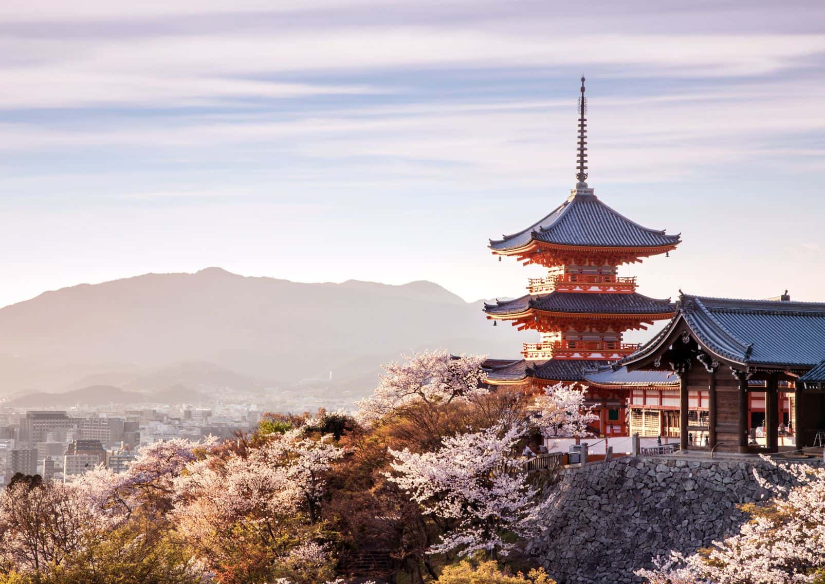 Kiyomizu Temple in cherry blossom season with view of Kyoto, Japan