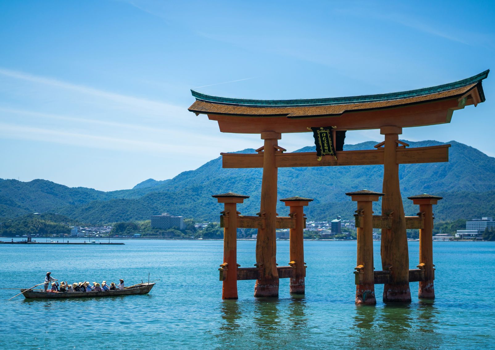 Group on a boat at the Floating Torii Gate, Miyajima, Japan