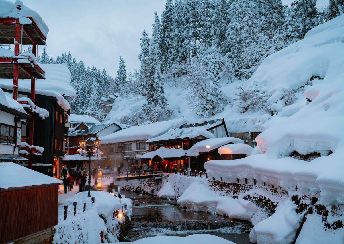 Evening winter scenery in Ginzan Onsen hot springs, Yamagata prefecture, Japan