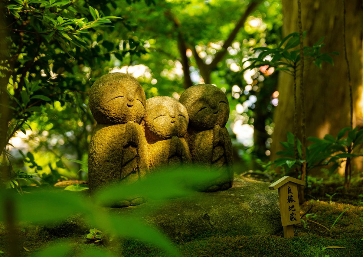 Smiling Jizo statues at Hasedera Temple garden, Kamakura