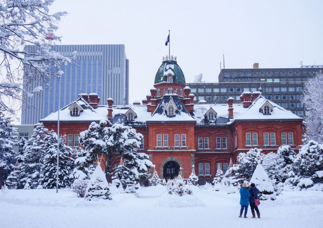 Former Hokkaido Government Office in Sapporo, Hokkaido, Japan covered in snow.