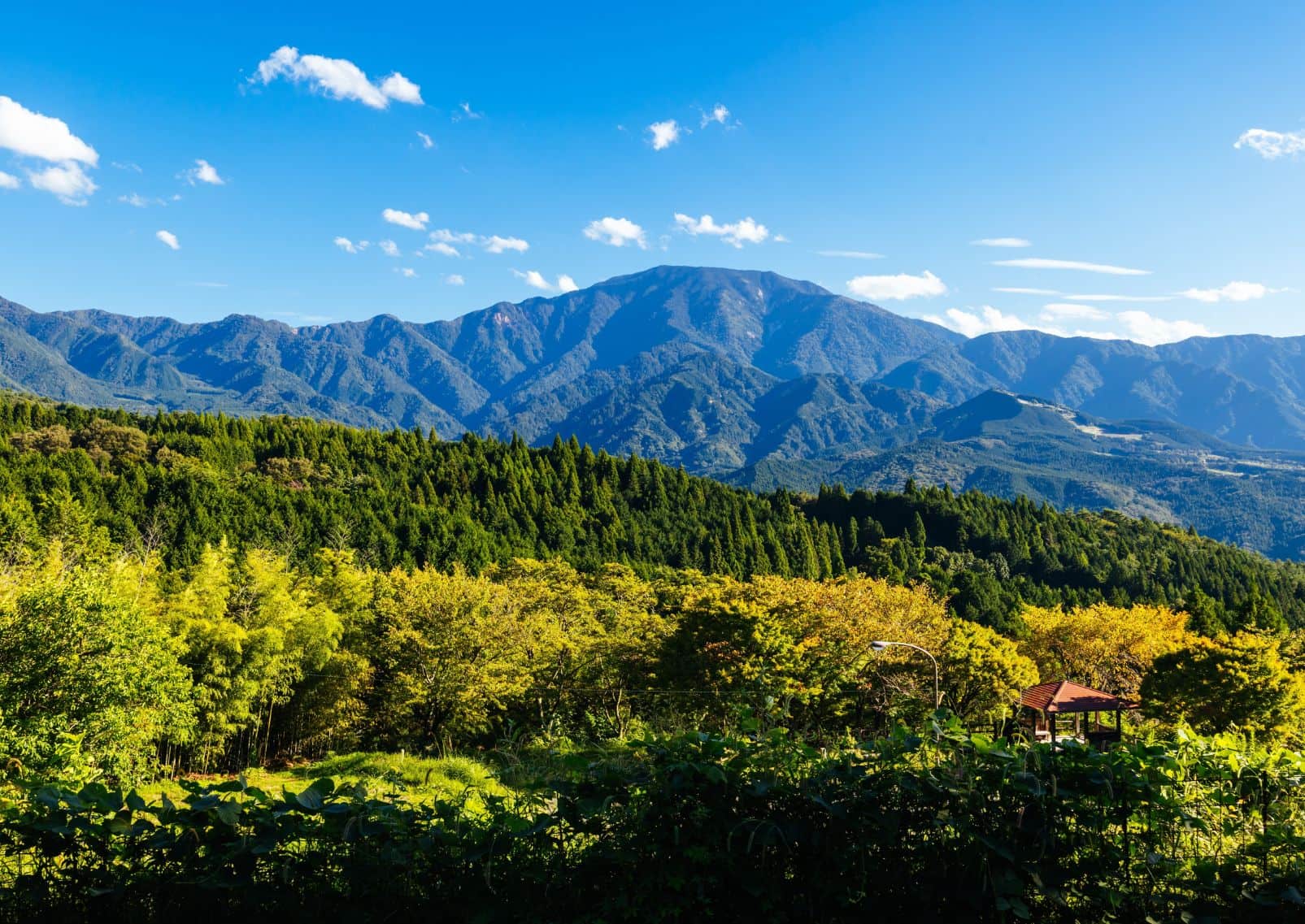 Mountain and forest landscape between Magome and Tsumago along the Nakasendō, Japan