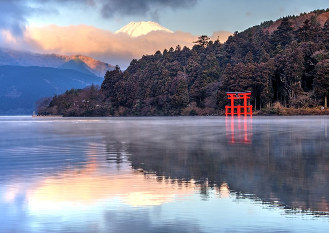 Mt Fuji with Lake Ashi in Hakone, Japan