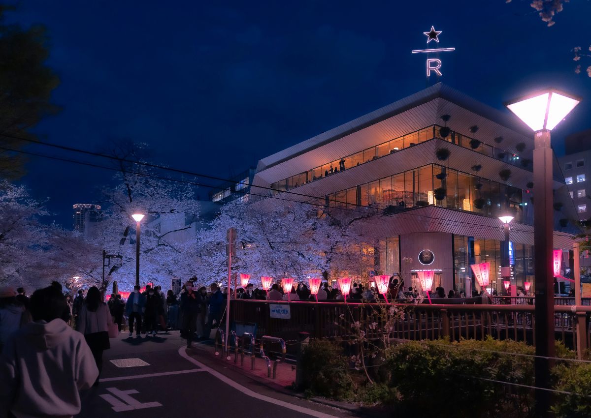 Exterior of Starbucks Reserve Roastery in spring, Nakameguro, Tokyo