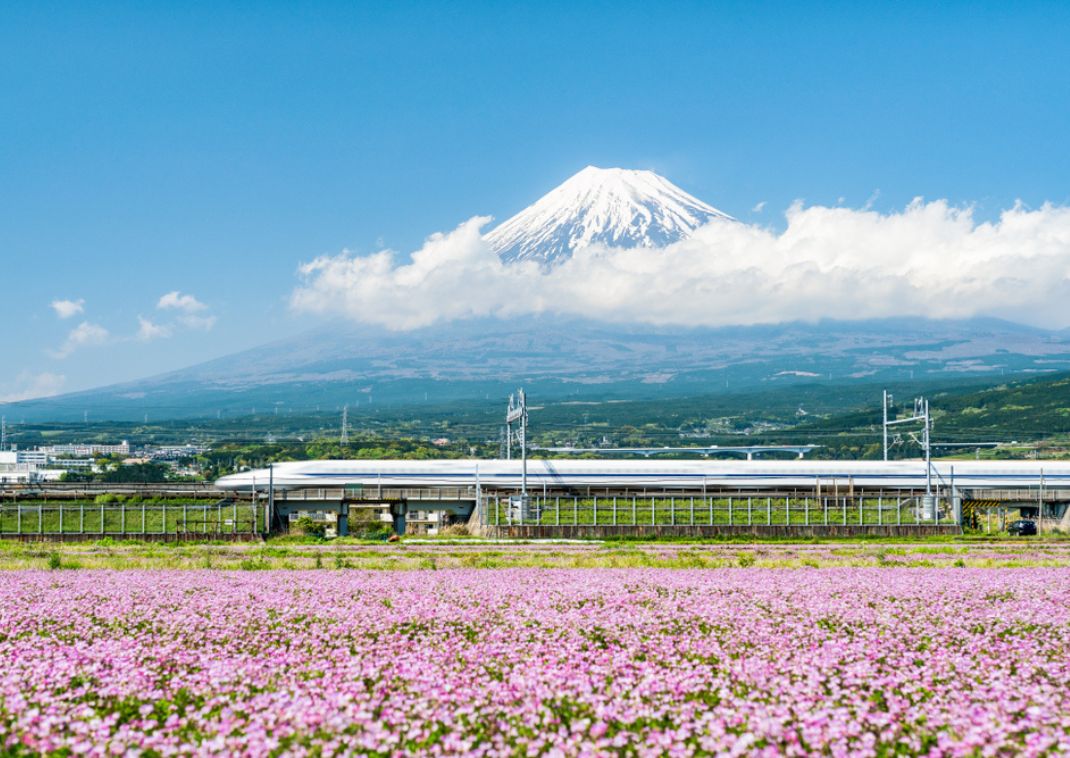 high speed train passing by mount