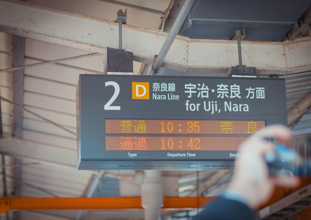 Japanese train station signboard with kanji signs on it