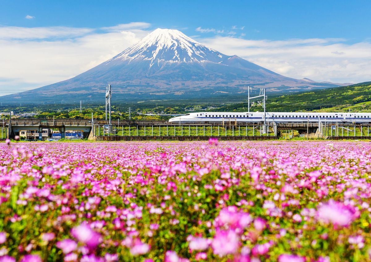 Shinkansen bullet train in front of Mount Fuji, Japan