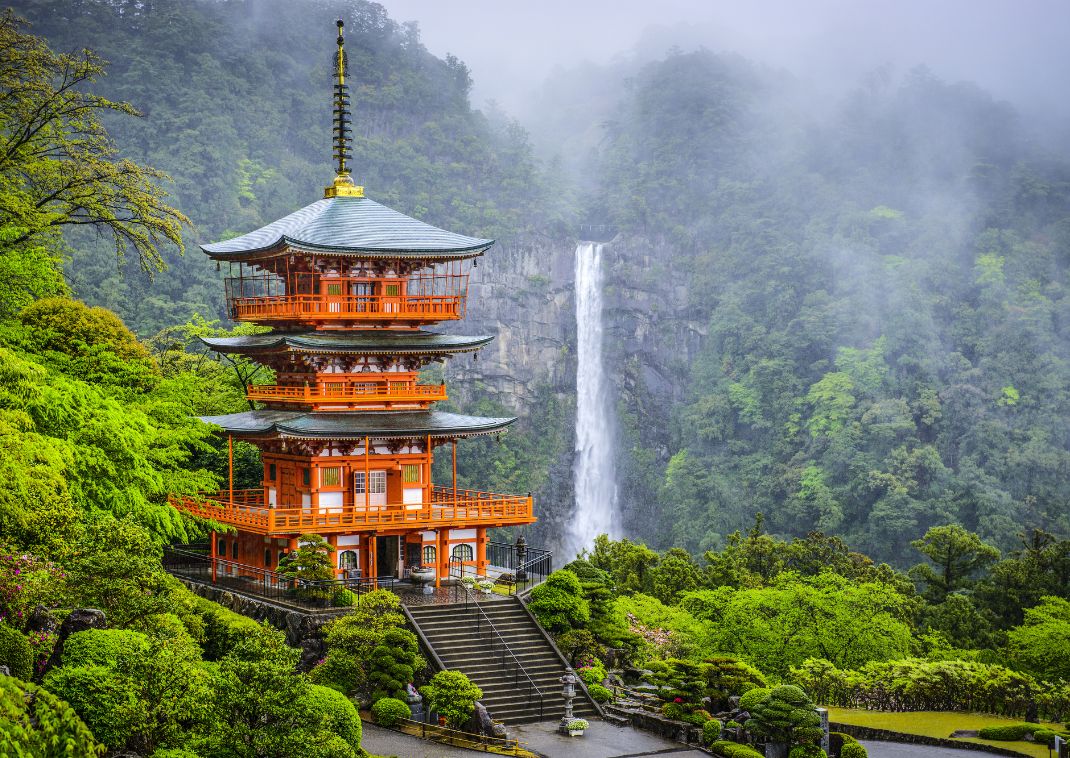 Nachi waterfall on the famous pilgrim trail, Kumano Kodo Trail at Kii Peninsula.