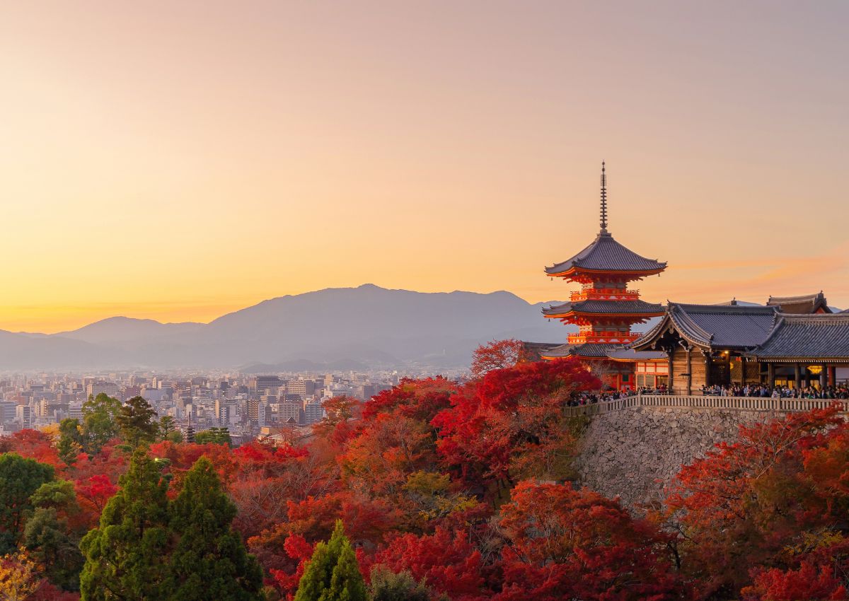 Kiyomizu-dera Temple in Kyoto at sunset in autumn