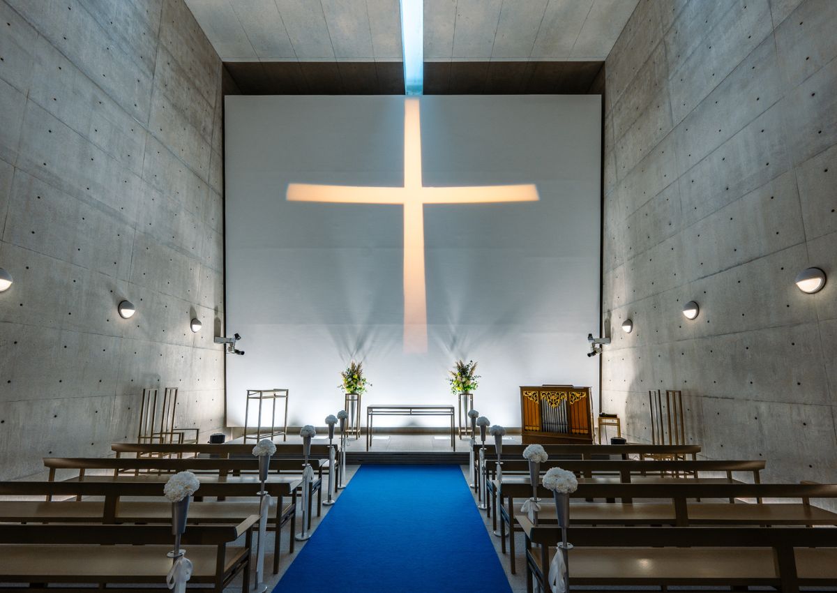 Interior of wedding chapel designed by Tadao Ando on Awaji Island
